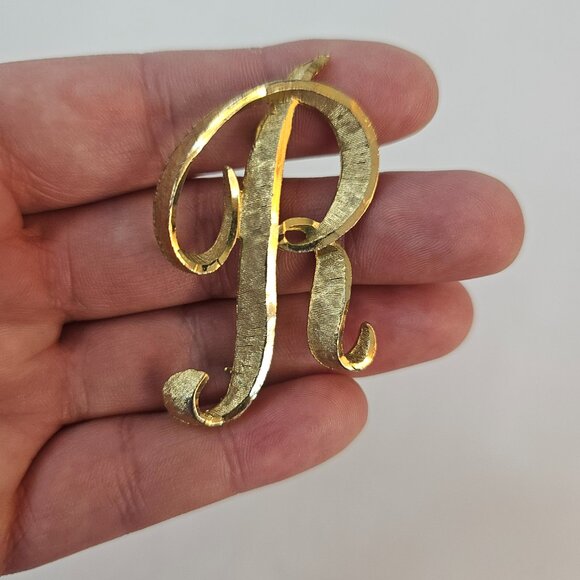 Mamselle Letter R Initial Brooch Gold Tone Monogram Script Retro Brushed Jewelry - Picture 7 of 9